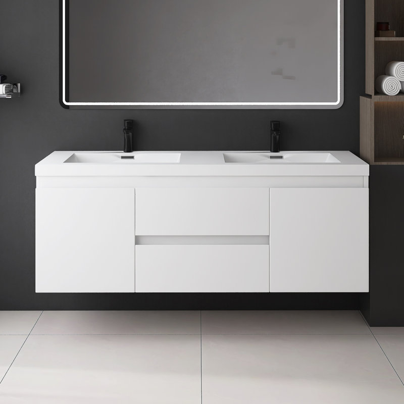 Meuble-lavabo mural double 60 po avec plateau en marbre Darisley