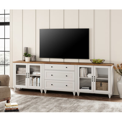 Scarlett Large TV Stand For 100 Inch TV, TV Console Table For 85 90 95 Inch TV, Entertainment Center With Wooden Drawers & Glass Doors For Living Room, Kitchen Sideboard Buffet Cabinet For Dining Room, White