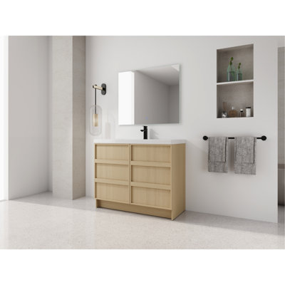 Meuble-lavabo de 42 po avec lavabo en résine, 2 portes à fermeture en douceur, fabrication en contreplaqué, couleur chêne - base contemporaine en solution, mobilier de finition