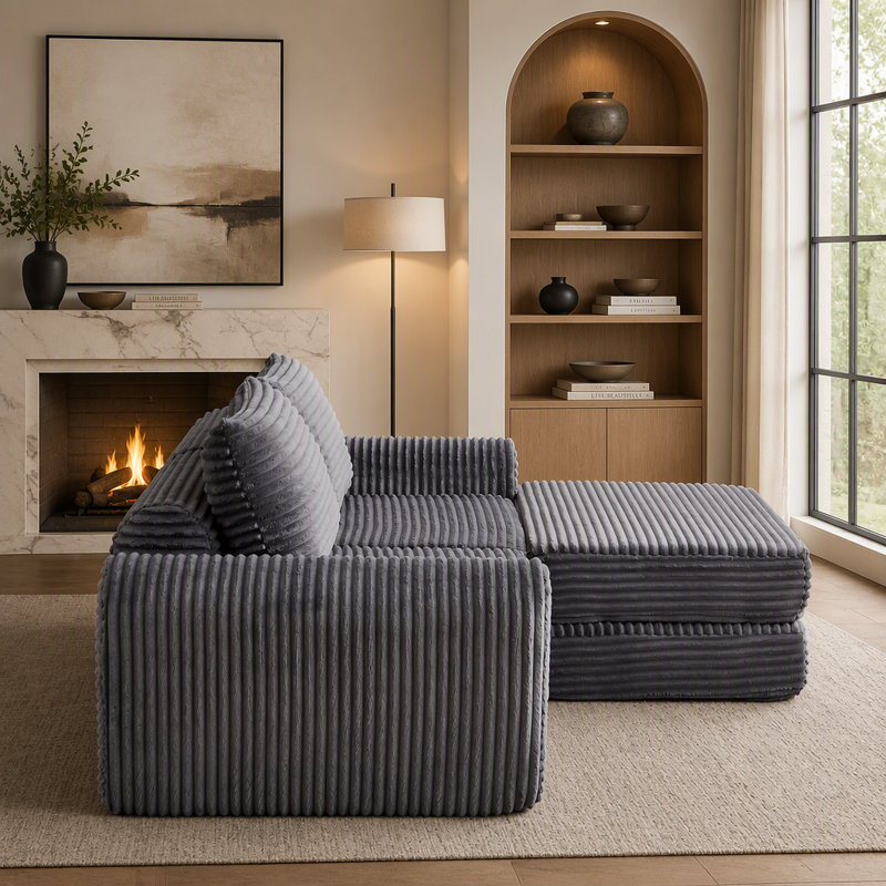 75.5 " Corduroy L-Shaped Sofa & Chaise, Grey