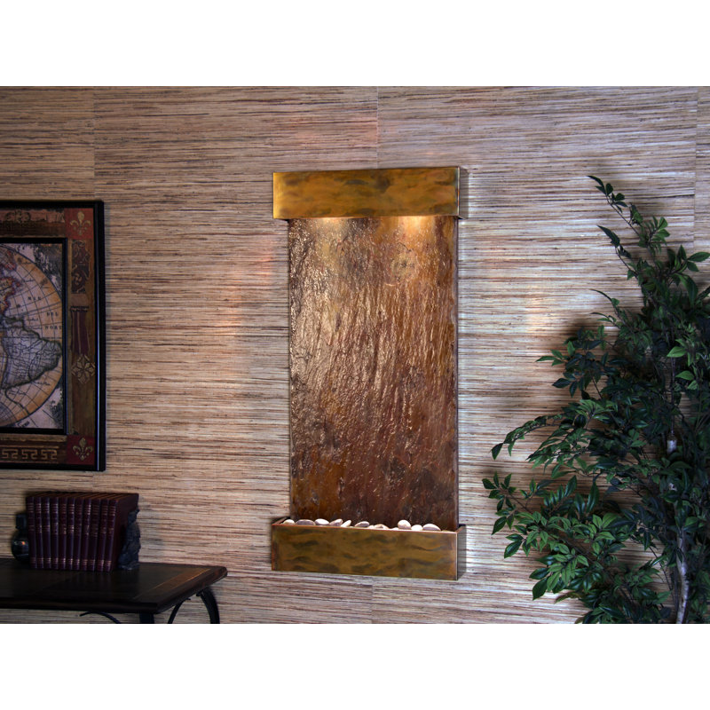 Fontaine murale en acrylique avec lumière Henn, Ardoise multicolore, Cuivre rustique