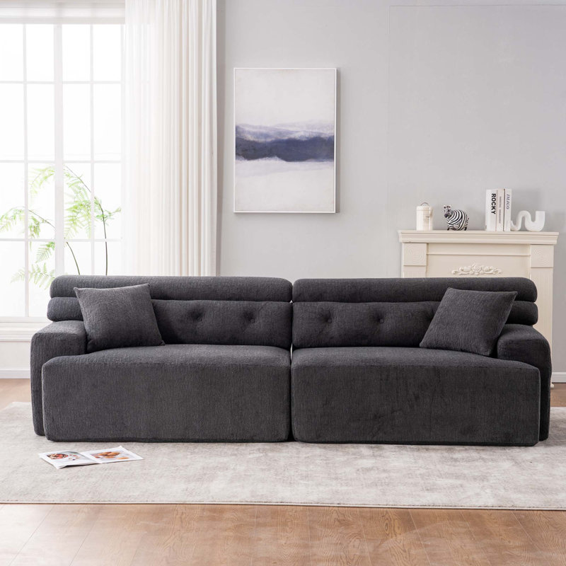 Canapé modulaire 4 places avec tissu en chenille grain de bois et 2 coussins, Gris foncé