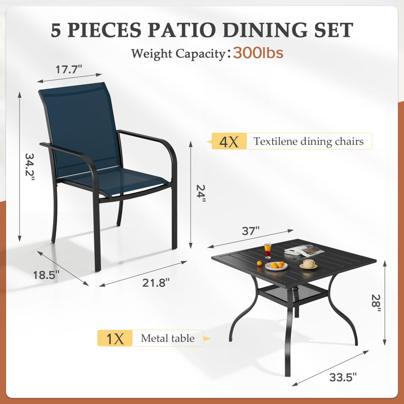 Ensemble de salle à manger de patio pour 4 personnes avec table de salle à manger carrée en métal Behrendt et chaises empilables en polyester enduit de PVC