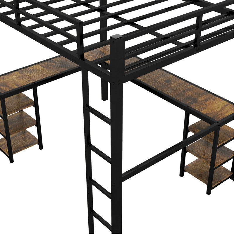 Lit mezzanine avec bureau en noir - Luminaire de chambre à coucher confortable, structure en métal et tablette, Lit double
