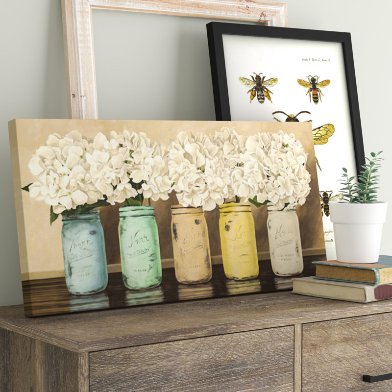 " Hydrangeas In Mason Jars " by Jenny Thomlinson, 12" x 24" x 1.5" D