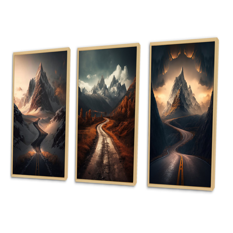 «Endless Roads To Misty Snow Mountains», 3 pièces sur toile, Cadre naturel flottant, H 20 po x l 36 po