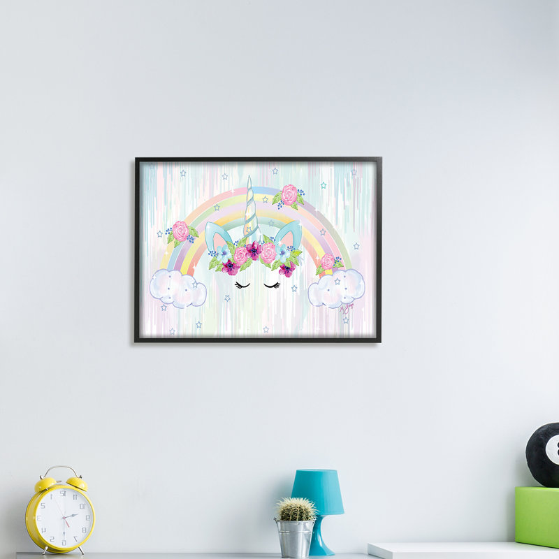 Unicorn Eyes Under Floral Rainbow Starry Clouds - impression, Giclée encadrée noir minuit, H 11 po x l 14 po