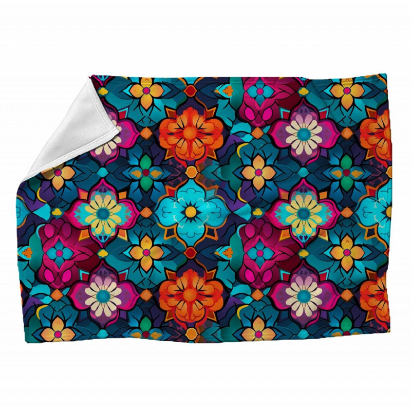 Machine Printed Throw Blanket, Floral, 60" L x 50" W, Blue/Orange