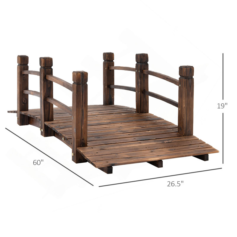 Passerelle arquée en bois de sapin avec rampes latérales pour arrière-cours, jardins et ruisseaux, bois teint, 60 po x 26,5 po x 19 po