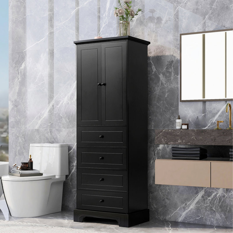 Armoire en bois, armoire de salle de bain, armoire de rangement avec tablette réglable et 4 tiroirs pour salle de bain, bureau