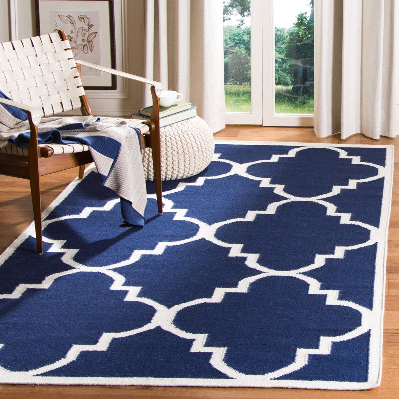 Rodgers Hand Woven Flat Weave Wool/Cotton Geometric Rug in Navy/Ivory, Rectangle 5' x 8'