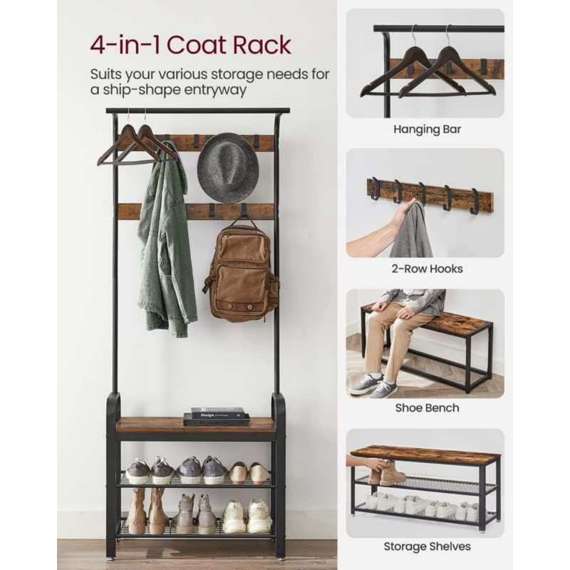 Coat Rack, Hall Tree With Shoe Bench For Entryway, Entryway Bench With Coat Rack, 4-In-1, With 9 Removable Hooks