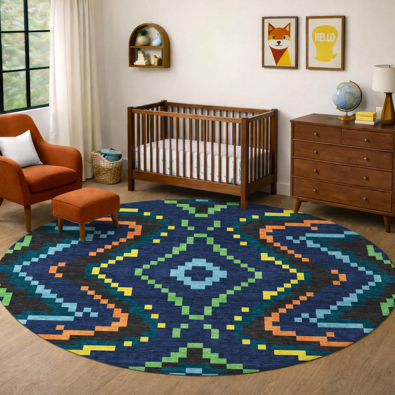 Machine Washable Indoor/Outdoor Chantille ACN2829 Kids Rug, 8' Round, Navy