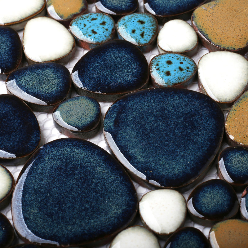 Sliced Porcelain Pebbles / Rocks Wall & Floor Tile, Teal/Brown