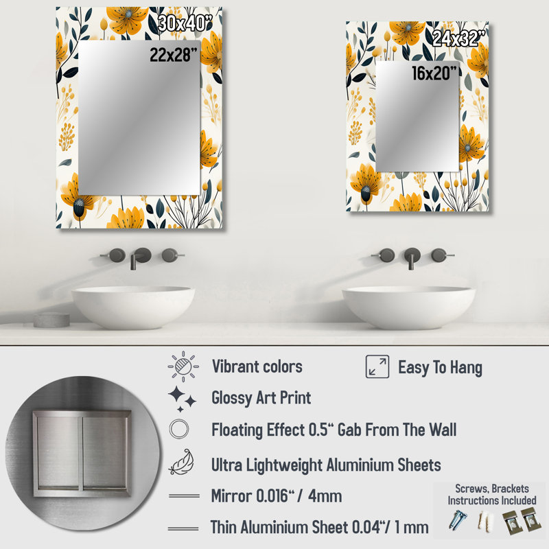 Goltry Scandinavian Charm Floral Pattern - Floral Large Wall Mirror, Floral Unique Mirror, Printed Metal Art, 40" x 30"