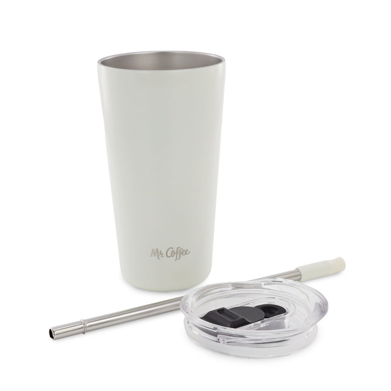 Ensemble de 4 pièces Mr. Coffee : gobelet isotherme à double paroi en acier inoxydable blanc de 473 ml (16 oz) avec paille en acier inoxydable.