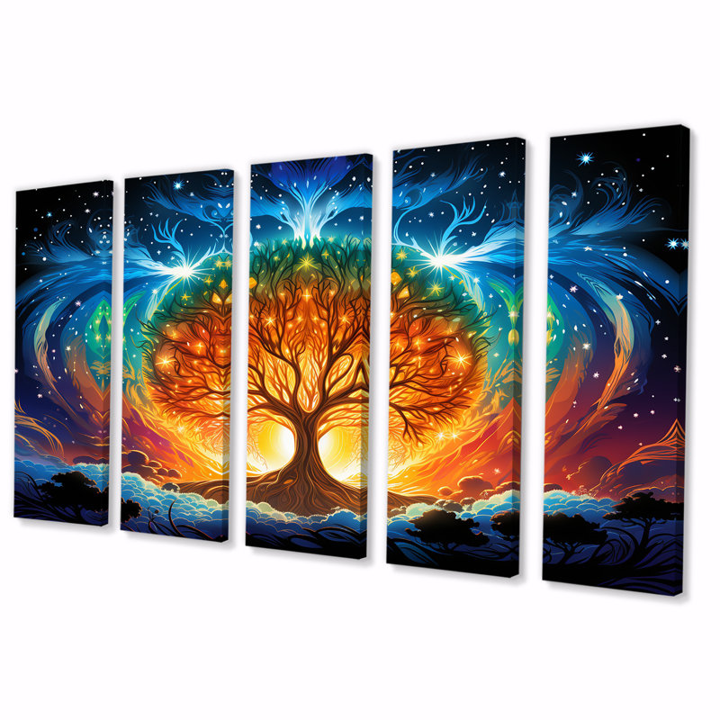 Arbre de vie bleu et orange - arbre, décoration murale 5 pièces, H 32 po x l 80 po