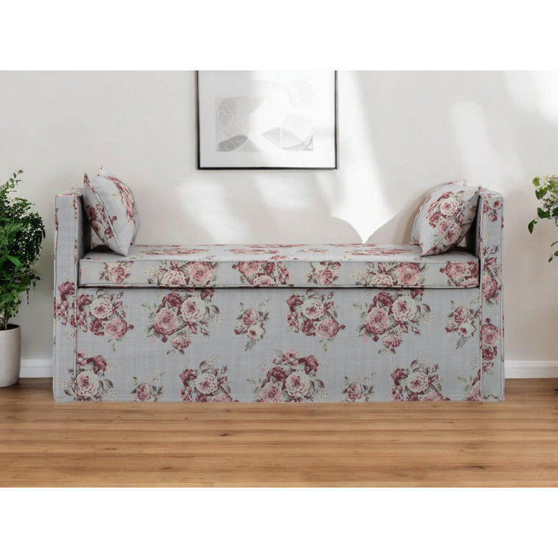 Ramvir 53" Paisley Linen Upholstered Bench, Gris clair et noir / floral