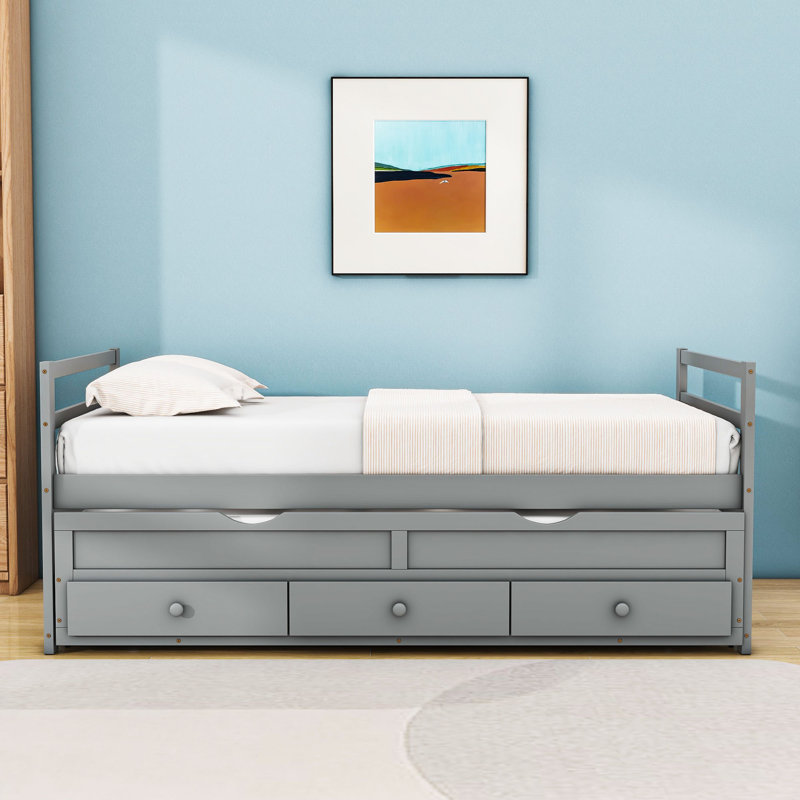 Lit plateforme simple en bois à 3 tiroirs avec lit gigogne, gris