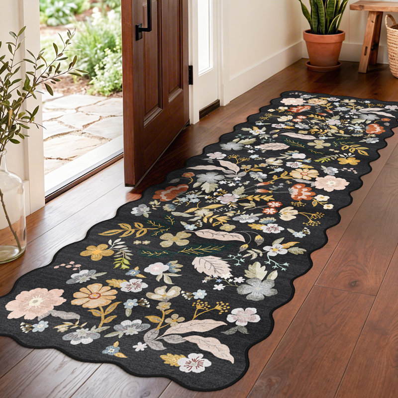 Hallway Rug Washable: Extra Long Floral Scalloped Carpet Non Slip Boho Rug for Indoor Entryway Stain Resistant Rug for Living Room