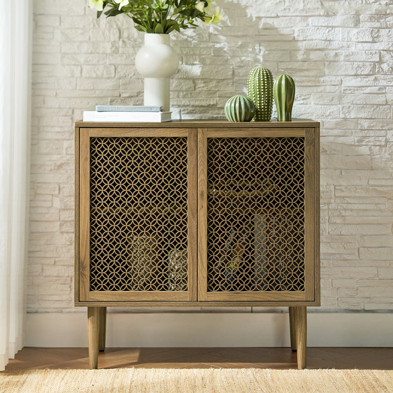 Fabion Modern 31.5''W Built-in LED Lights Wood-carved 2-Door Accent Cabinet with Metal Legs, Walnut