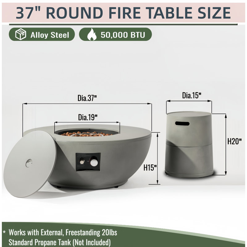 Table de foyer d'extérieur au propane 36 po 3600 2 Btu 2 pièces, foyer avec support de réservoir pour patio extérieur
