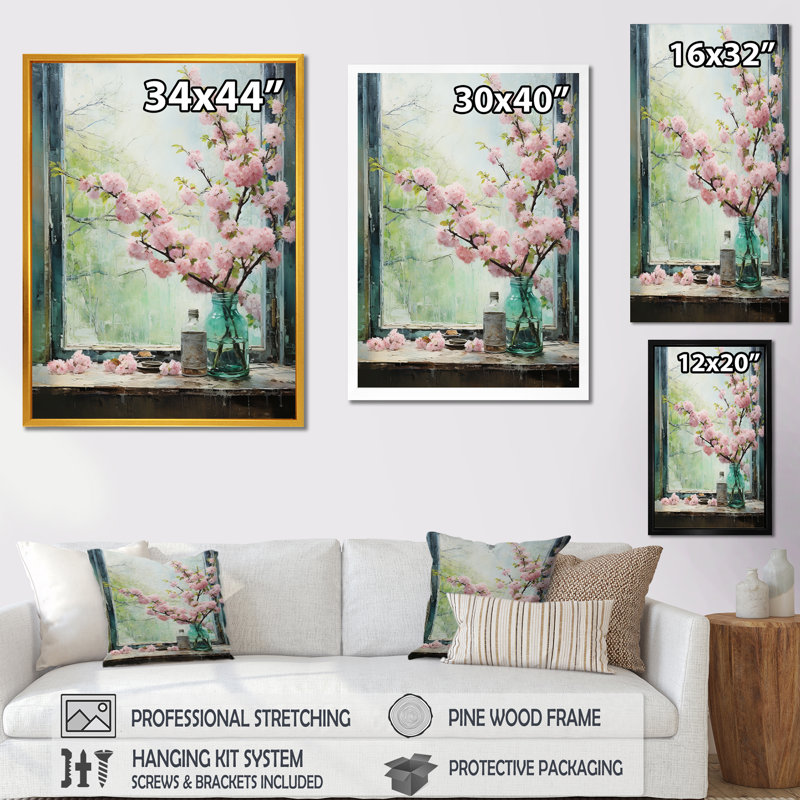 Fleurs roses du Japon, vue de fenêtre - Japon, art mural, Cadre photo doré simple, H 32 po x l 16 po x P 1 po