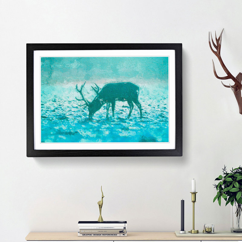 Grazing Stag in Abstract - Picture Frame Painting Print, 36cm H x 48cm W x 2cm D, Black Framed