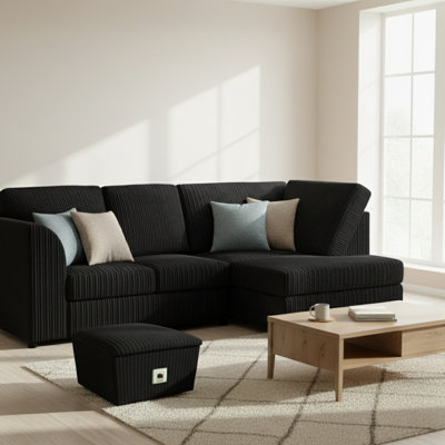 4 Seater Jumbo Cord Corner Sofa High Back Cushion including Foot Stool