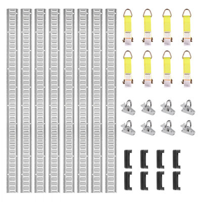 Ensemble de rail d'attache E Track, ensemble de rails en E de 5 pi comprenant 8 rails en acier, 8 ancrages à joints toriques et 8 attaches avec anneau en D, accessoires de fixation polyvalents pour les vélos de cargaison, charge de 2 000 lb