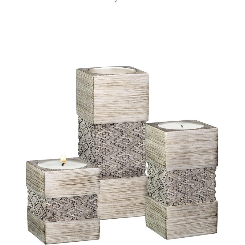 Silver Geometric Patterned Tealight Candle Holder Set