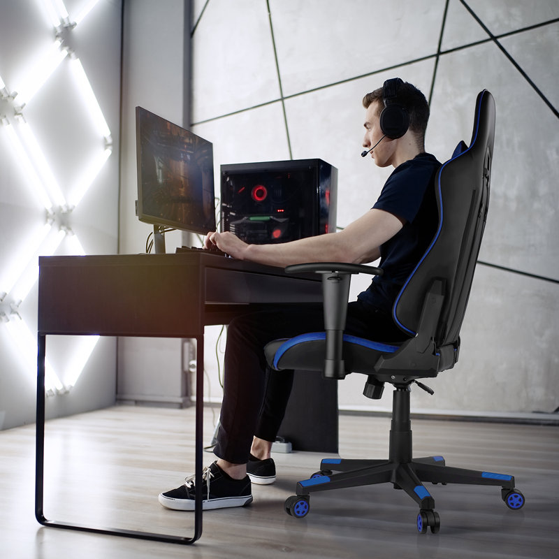 Blue Elephant Adjustable Reclining Faux Leather Swiveling PC & Racing Game Chair, Black/Blue