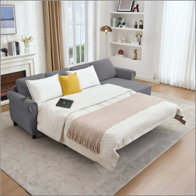  Canapé-lit modulaire convertible en forme de L de 106,5 po, canapé-lit Flannelette en polyester 4 places avec méridienne de rangement interchangeable, accoudoir de chargement USB et sans fil, canapé en éponge haute densité à structure en bois massif pour le salon