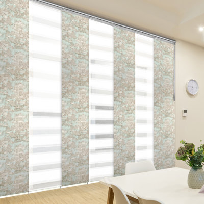 7-Panel Single Rail Panel Track Extendable 110"-153" W x 94"H, Panel Width 23.5", Macadamia, Abelia