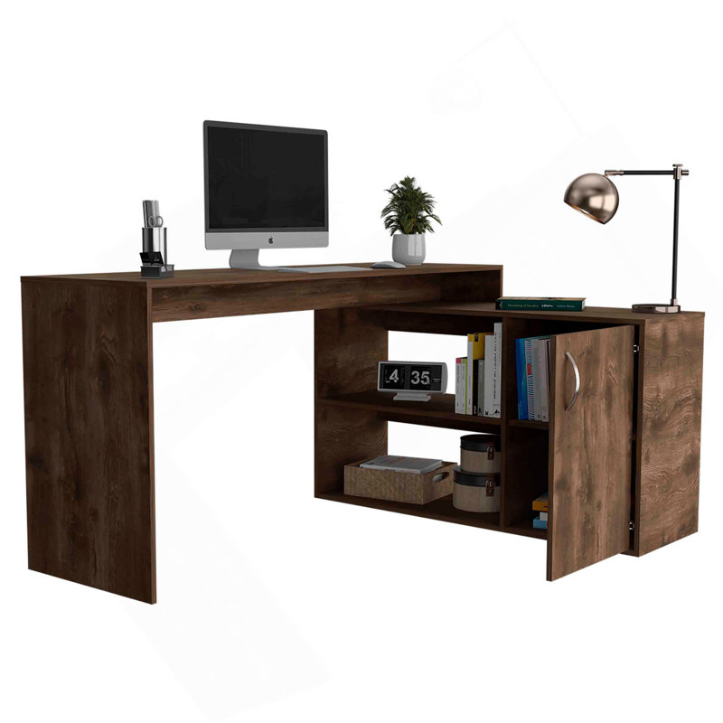 Bureau d'ordinateur moderne en L avec rangement ouvert et fermé - brun foncé, Brun