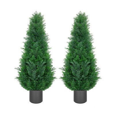 Arbre topiaire en cèdre artificiel d'intérieur, paquet de 2 grandes plantes vertes avec pot de fleurs gris, faux cyprès avec un tronc en bois naturel et des feuilles réalistes pour la décoration de bureau personnel, vert