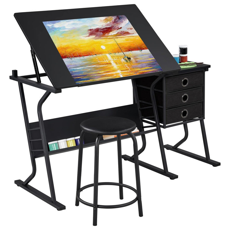 Artist Drawing Table with Stool and 3 Sliding Drawers
