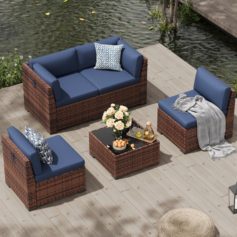5 Pieces Patio Furniture Set, Outdoor Furniture Sectional Rattan Sofa With Slanted Back, Brown, Navy
