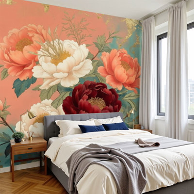 Chinoiserie Peel and Stick Wallpaper Peony Blossom Art Soft Pastel Gold Accents Wall Murals 100"H x 144"W Removable PVC Wall Paper Self-Adhesive Wall Decor for Bedroom Living Room