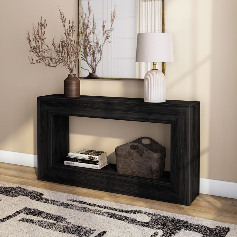 Console en bois massif avec tablette inférieure Grande, Brosse noire