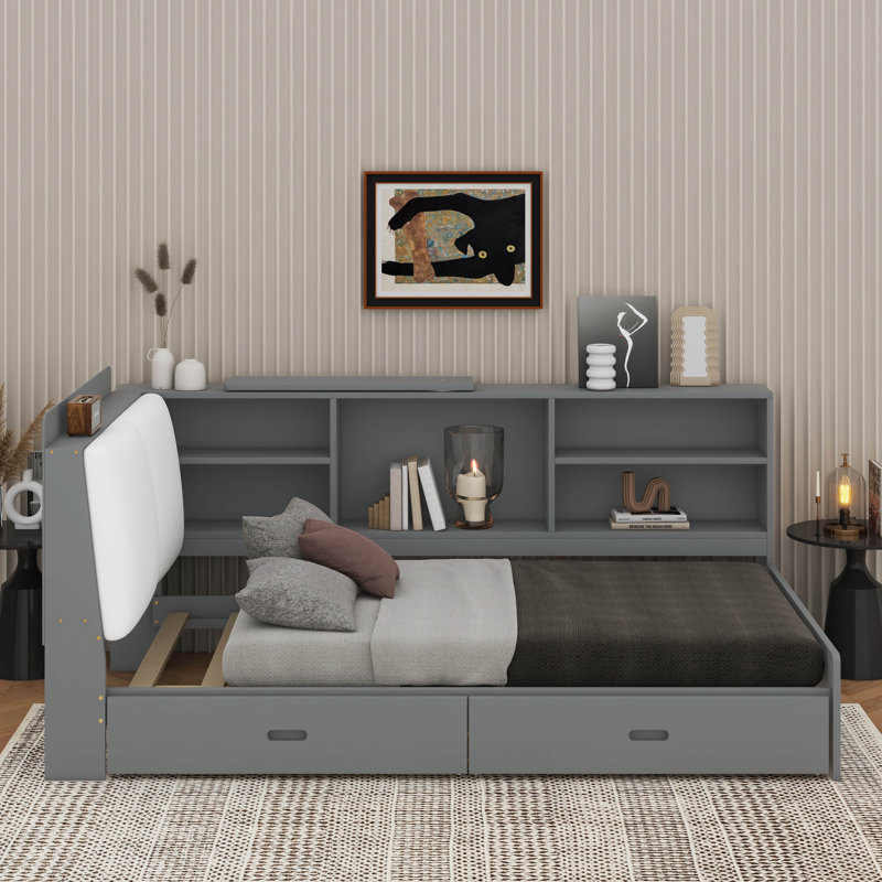 Lit plateforme en bois avec tête de lit, tablettes et tiroirs, Gris