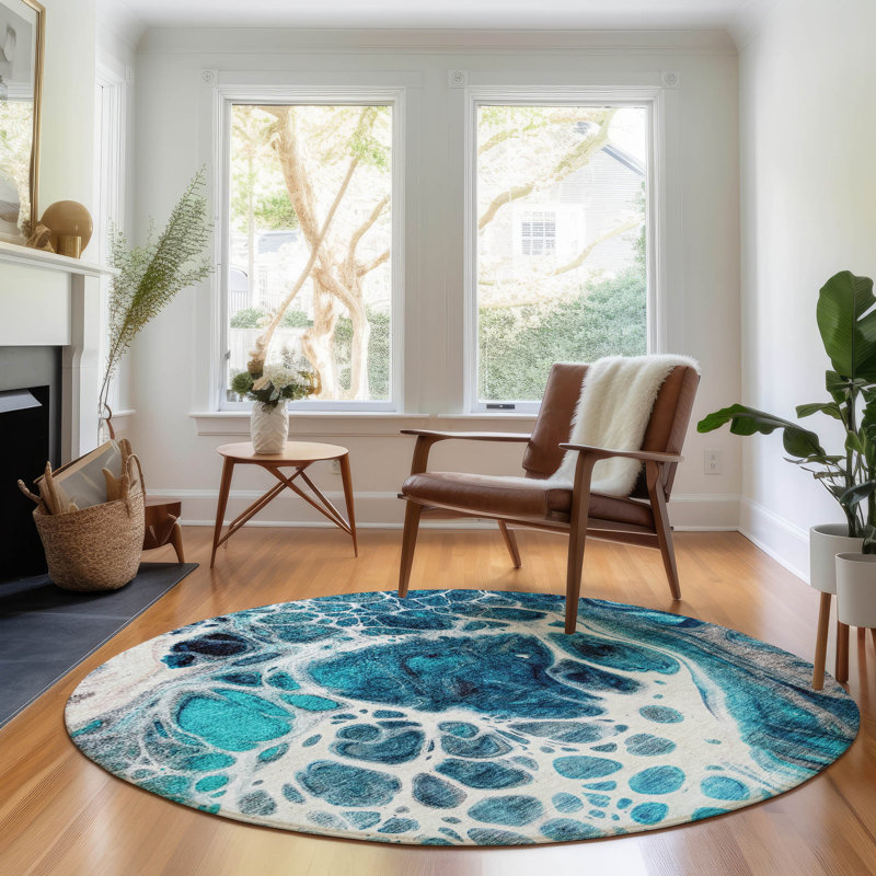 Premium Machine Washable Prisco Teal Rug, Round 8'