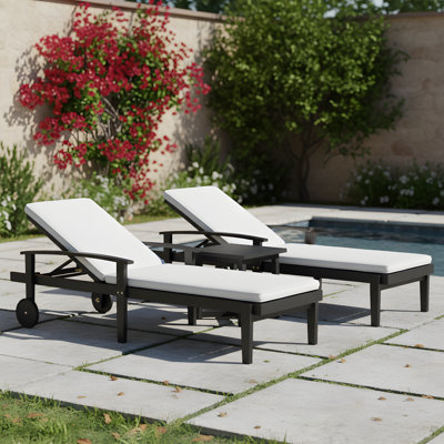 Samuel Patio 3-Piece Acacia Wood Chaise Lounge & Side Table Set With Cushions