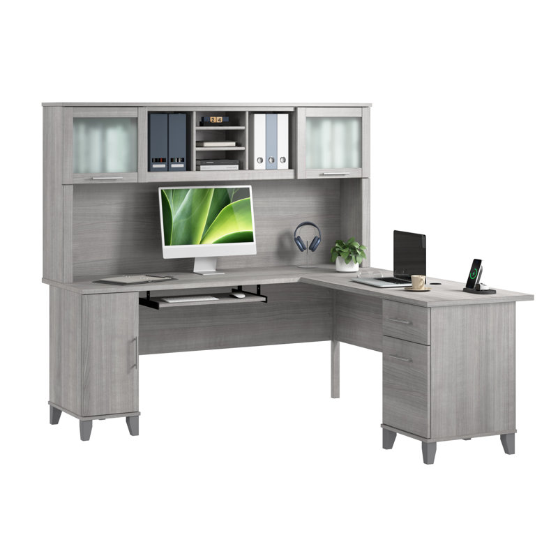 Bureau en L 72 po avec huche et rangement Paelynn, bureau d'ordinateur de coin, bois moderne, gris platine, Gris platine