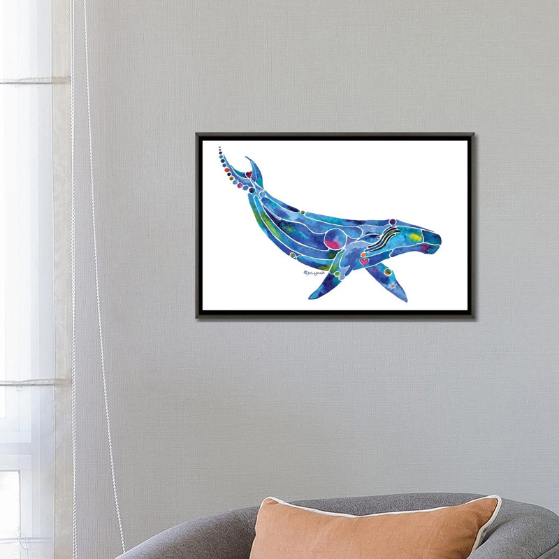 " Whale Humpback Ocean " by Jo Lynch, 18" H x 26" W x 1.5" D, No Matte, Dark Rustic Wood Framed Canvas