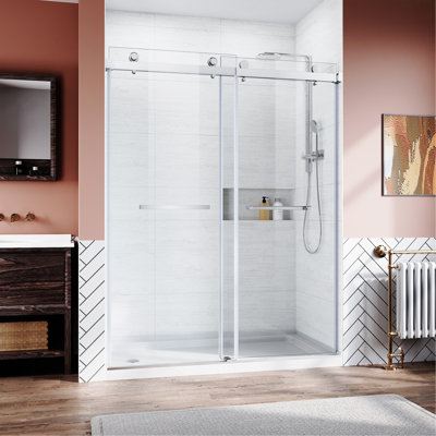 Frameless Sliding Shower Glass Door 56-60"W x 76"H,3/8"(10mm) Thick Clear Tempered Glass,Heavy Duty Stainless Steel Hardwares,Brushed Nick