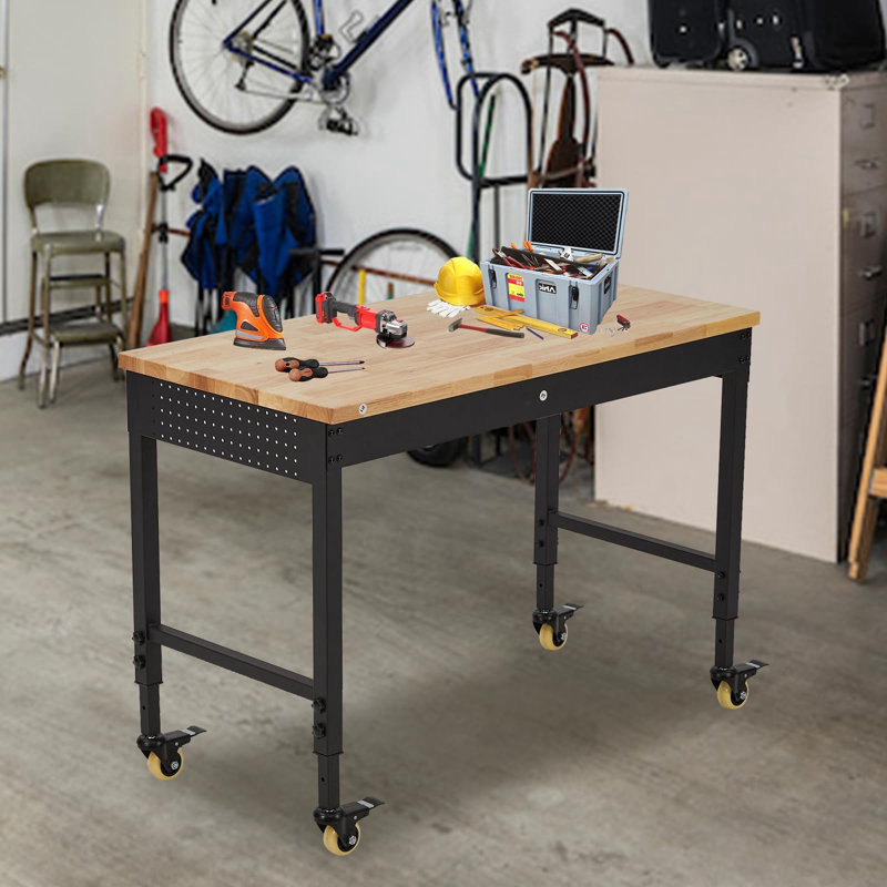 Établi à hauteur réglable en bois manufacturé avec roulettes, H 28 po x l 60 po x P 22 po