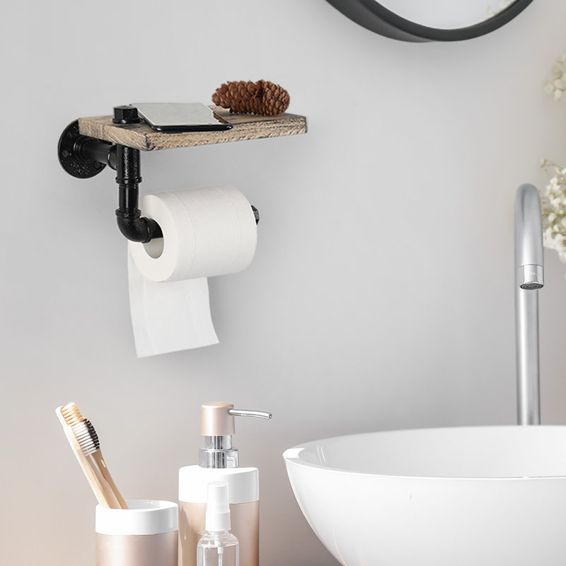 Porte-papier hygiénique mural avec tablette, Noir, naturel