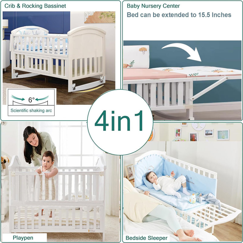 Mini lit de bébé convertible 6-en-1 avec rangement pour matelas en mousse à mémoire de forme (38 po), Bois naturel