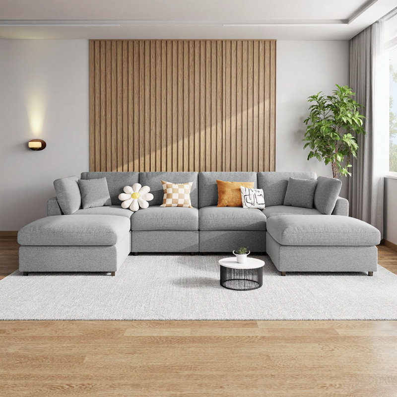 Canapé modulaire en chenille de 130 po en U avec 2 repose-pieds mobiles | Canapé modulaire à 6 places, assemblage sans outil, siège 300 lb